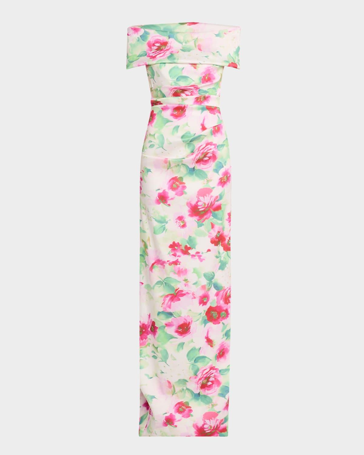 off-shoulder pleated mikado column gown