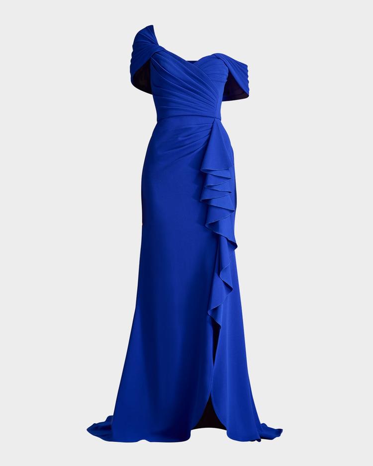 off-shoulder pleated ruffle gown