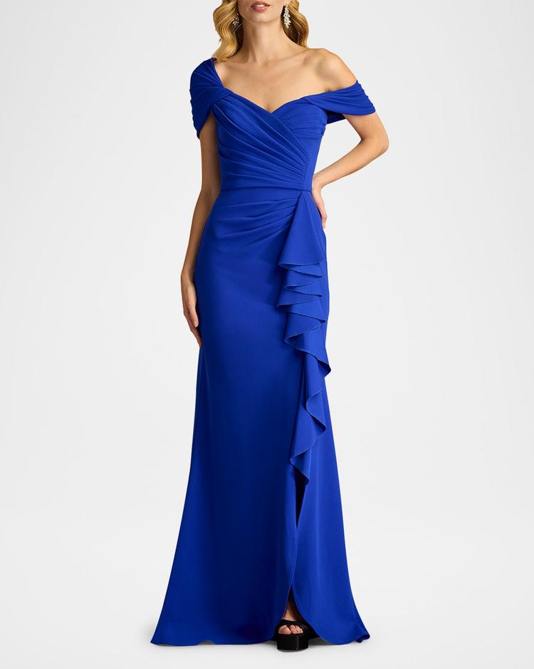 off-shoulder pleated ruffle gown