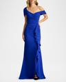 off-shoulder pleated ruffle gown