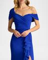 off-shoulder pleated ruffle gown