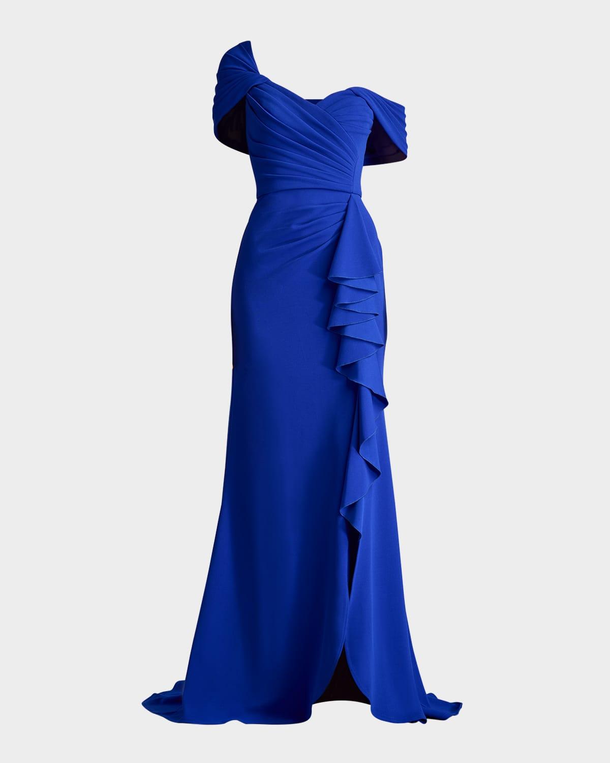 off-shoulder pleated ruffle gown