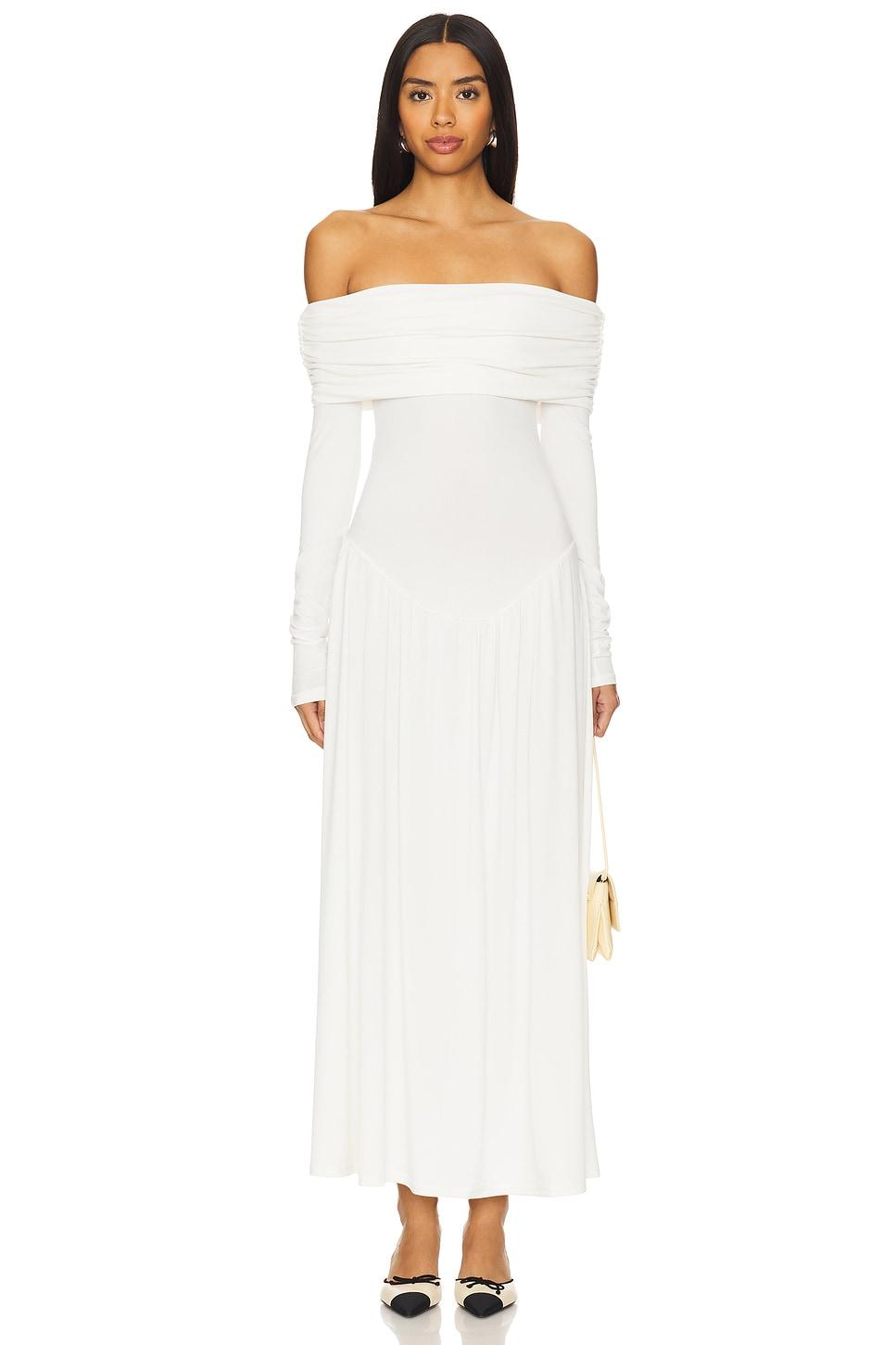off shoulder ruched midi dress