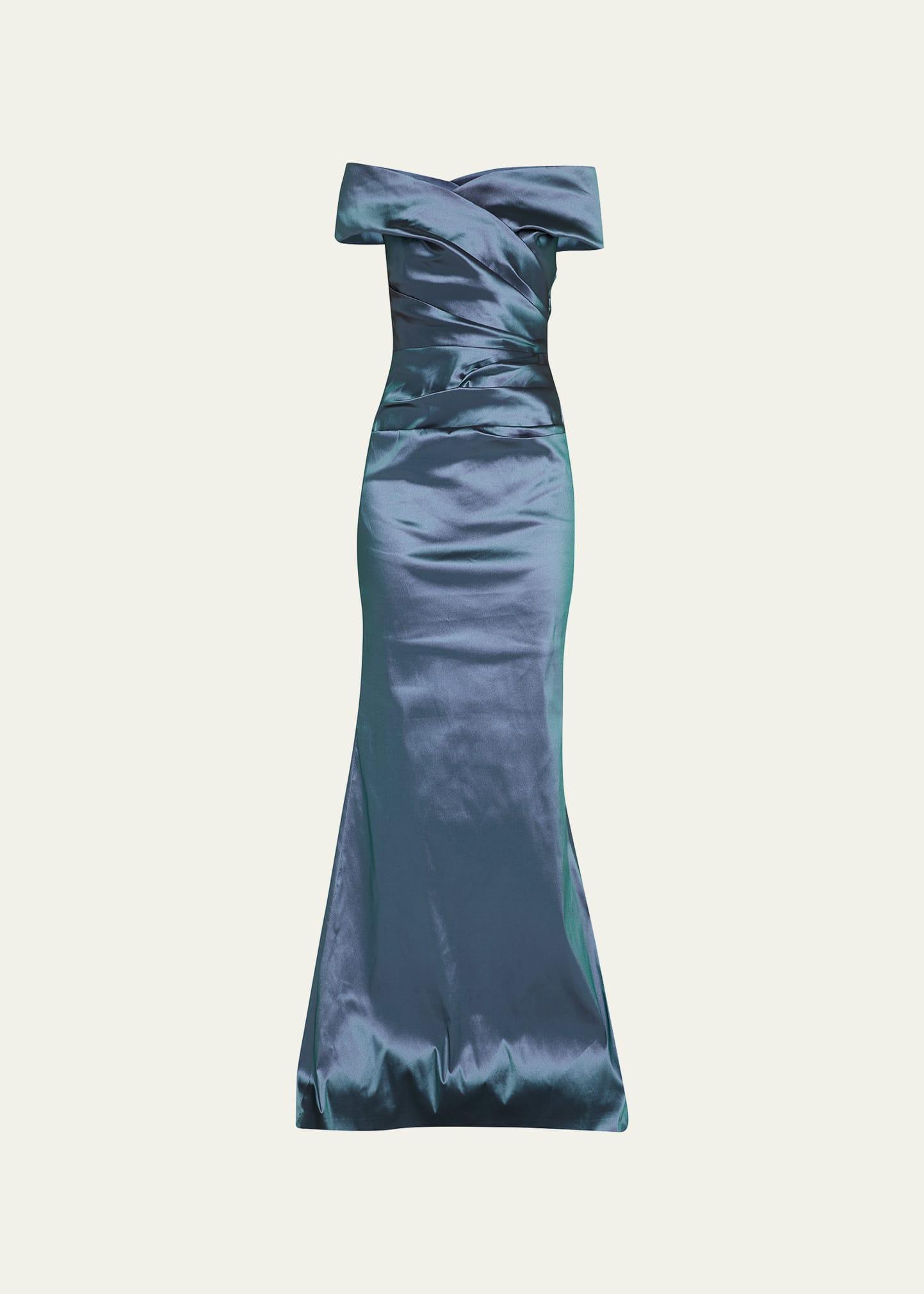 off-shoulder ruched taffeta gown
