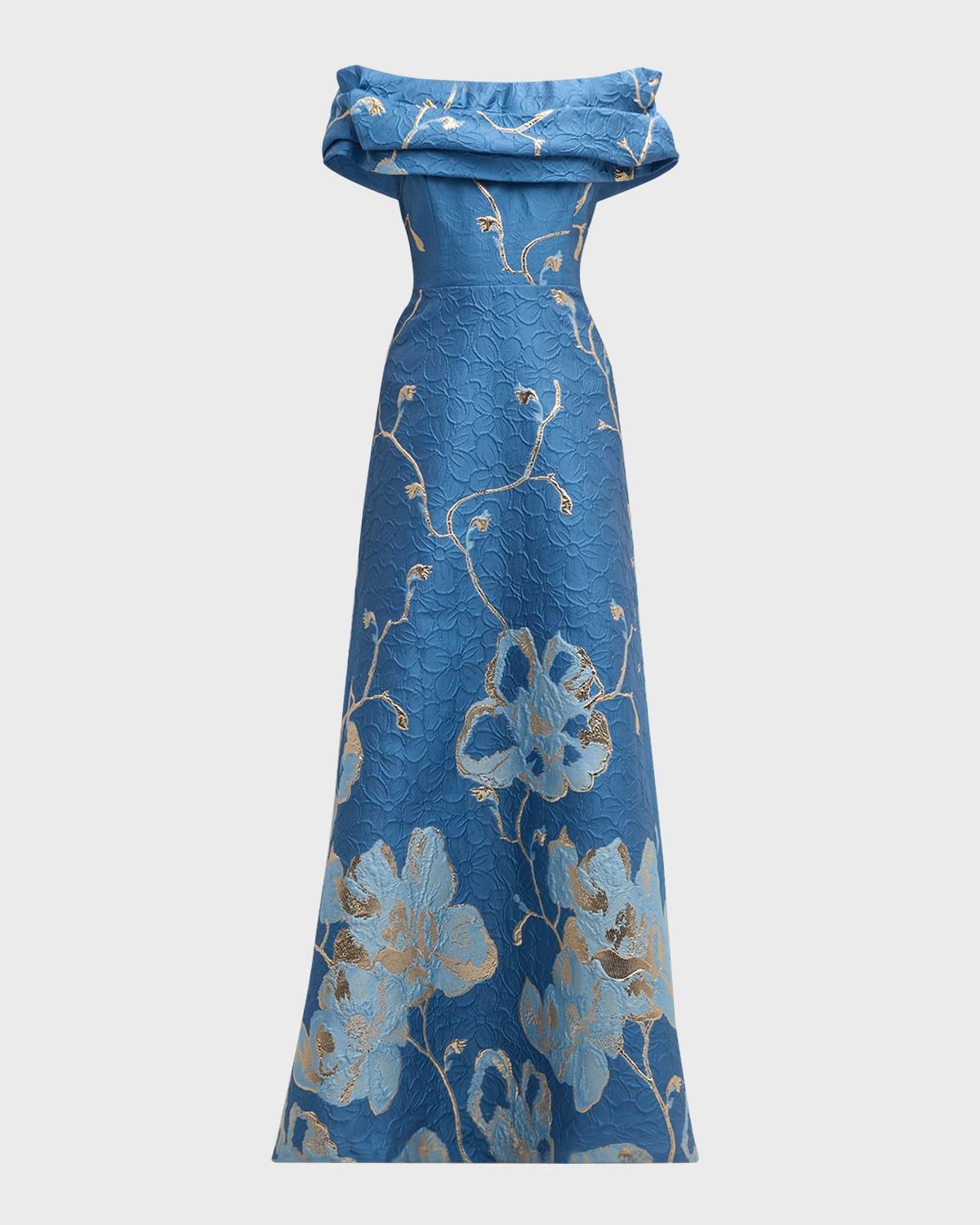 off-shoulder ruffle floral jacquard gown