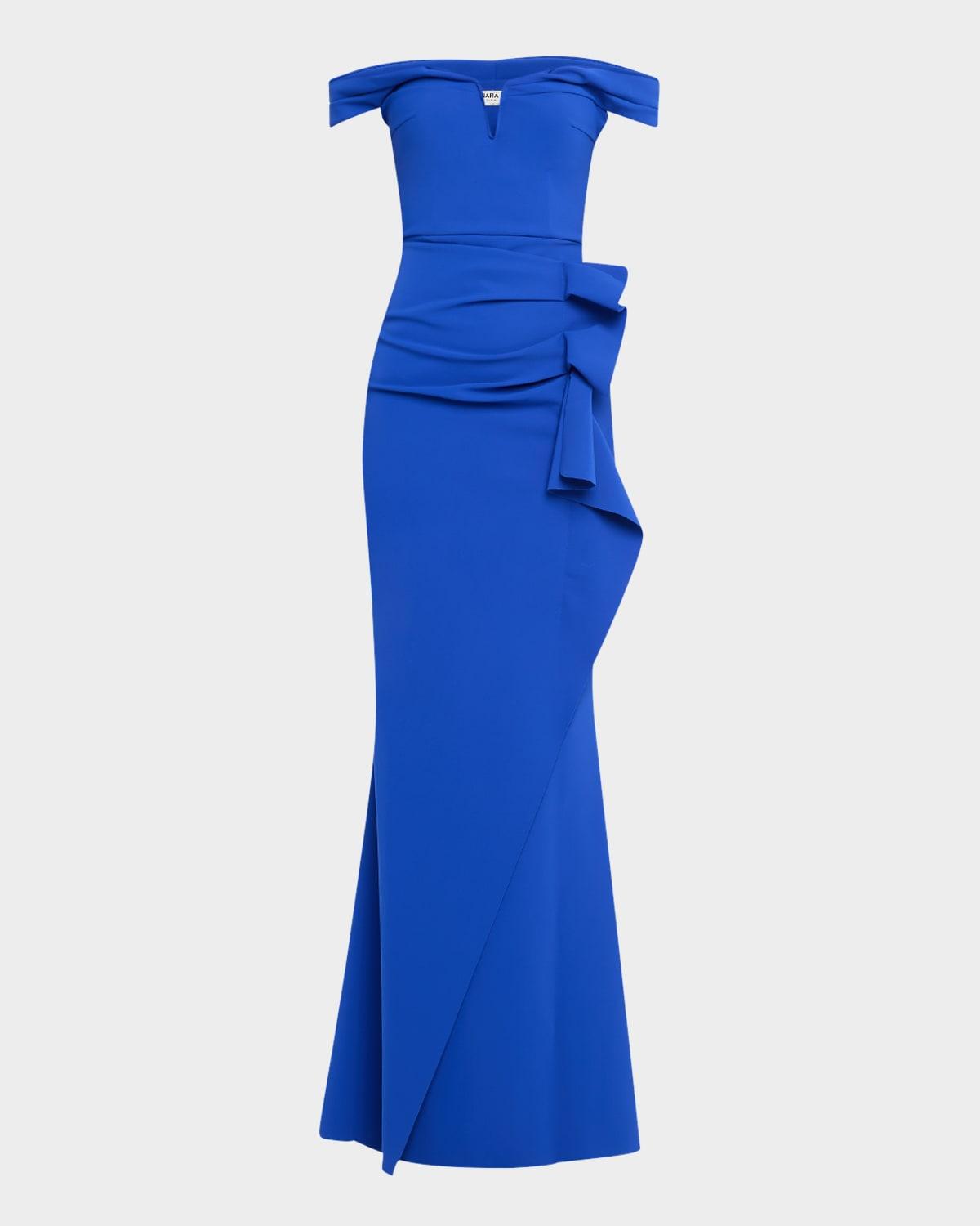 off-shoulder ruffle mermaid gown