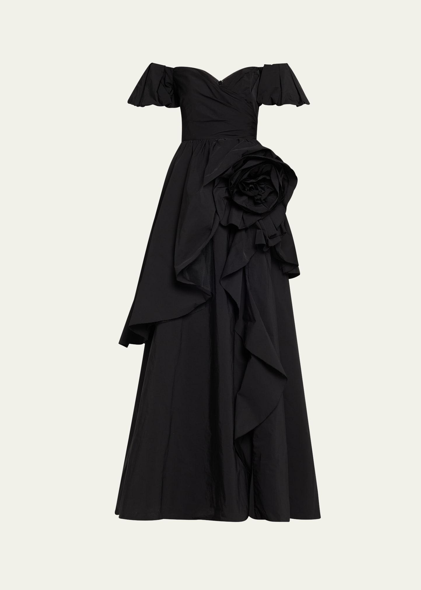 off-shoulder ruffle taffeta gown