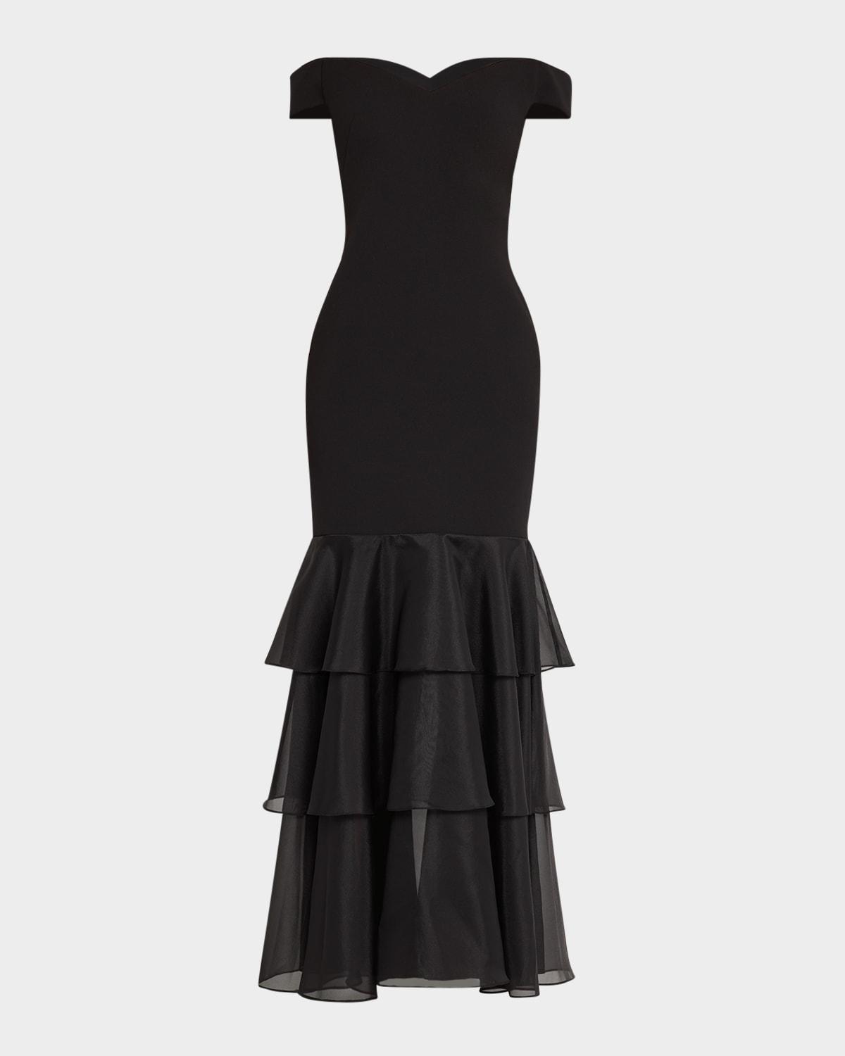 off-shoulder ruffle tiered gown