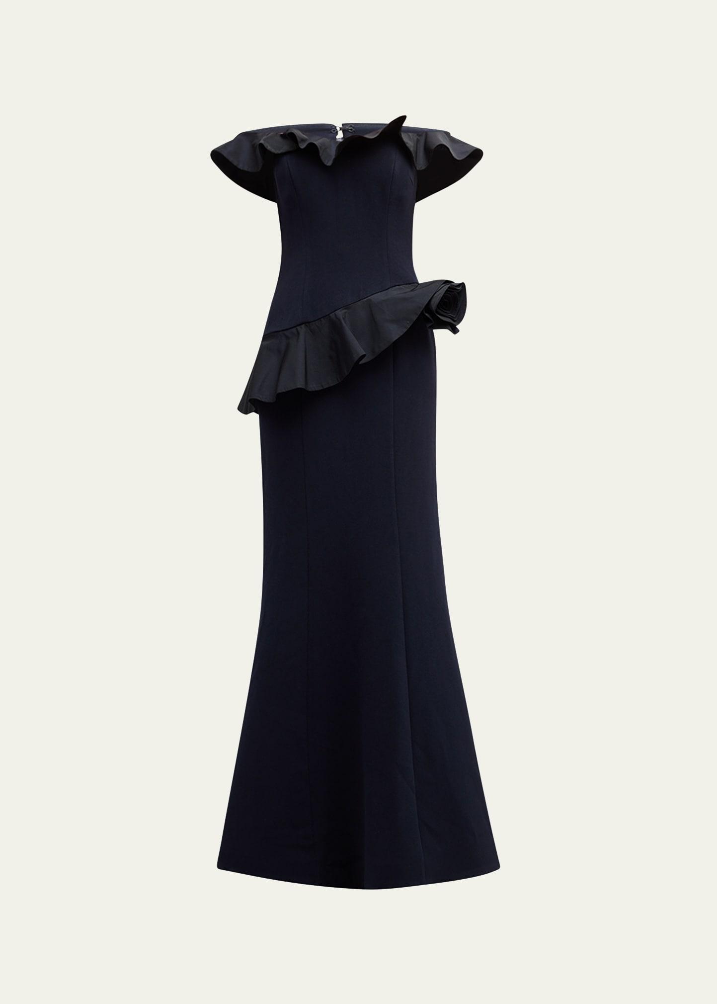 off-shoulder ruffle trumpet gown