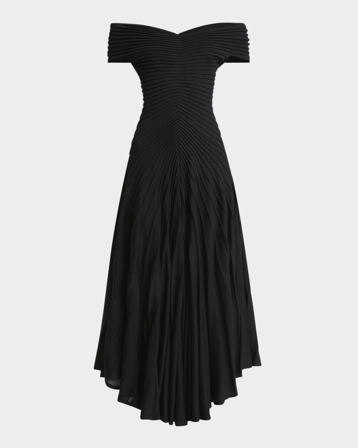 off-shoulder sculpting line flared wool maxi dress