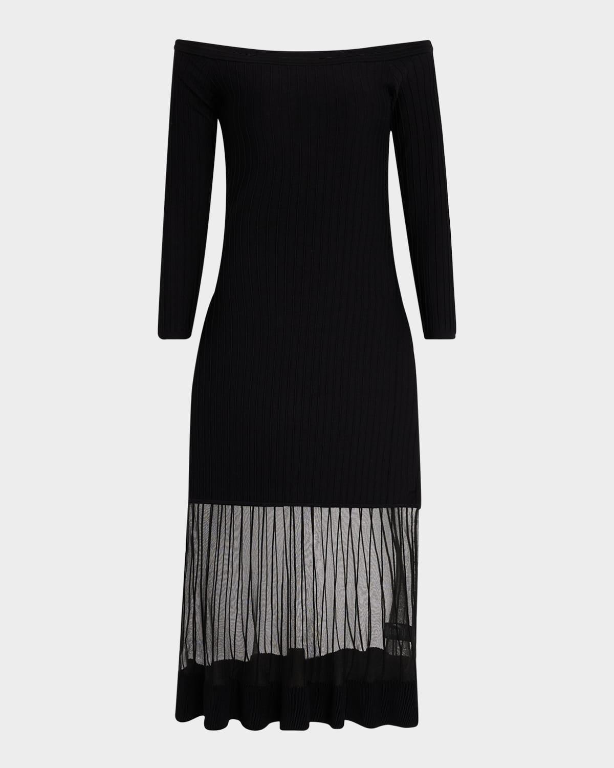 off-shoulder sheer inset knit midi dress