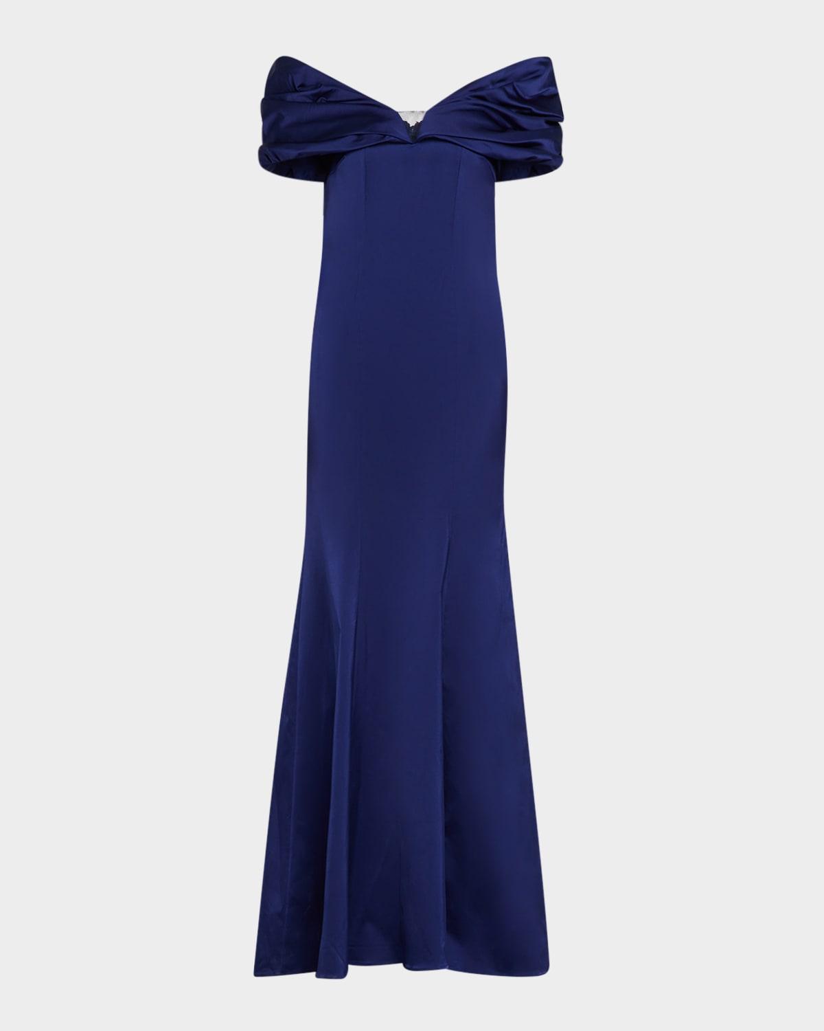 off-shoulder stretch satin gown