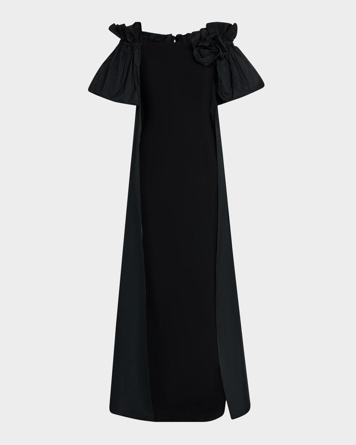 off-shoulder taffeta & crepe cape gown
