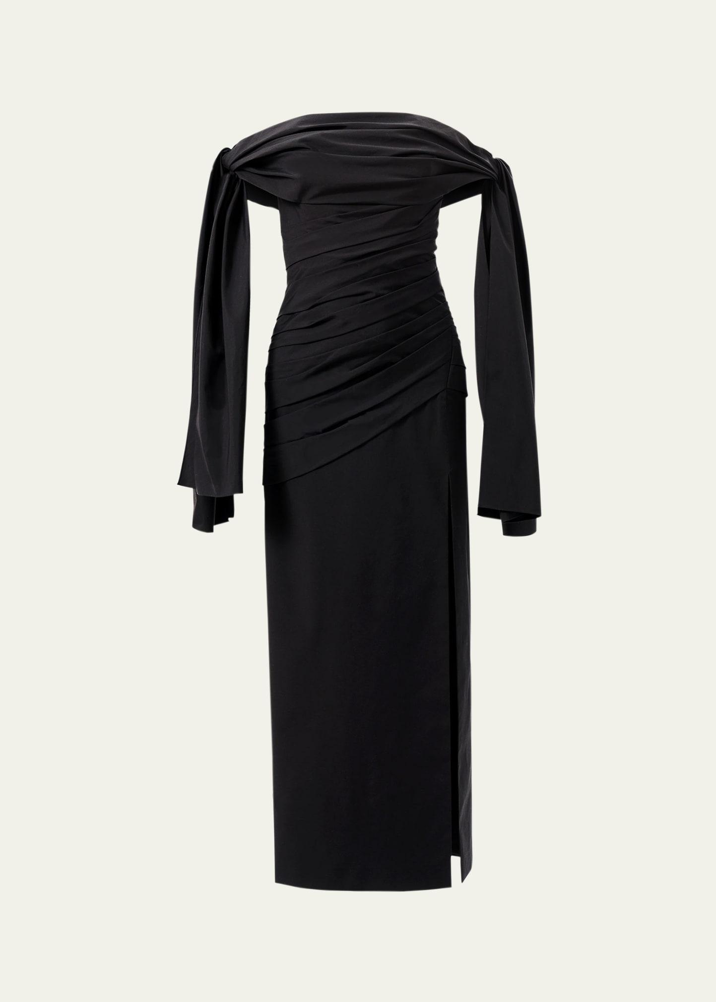 off-shoulder tie draped midi dress