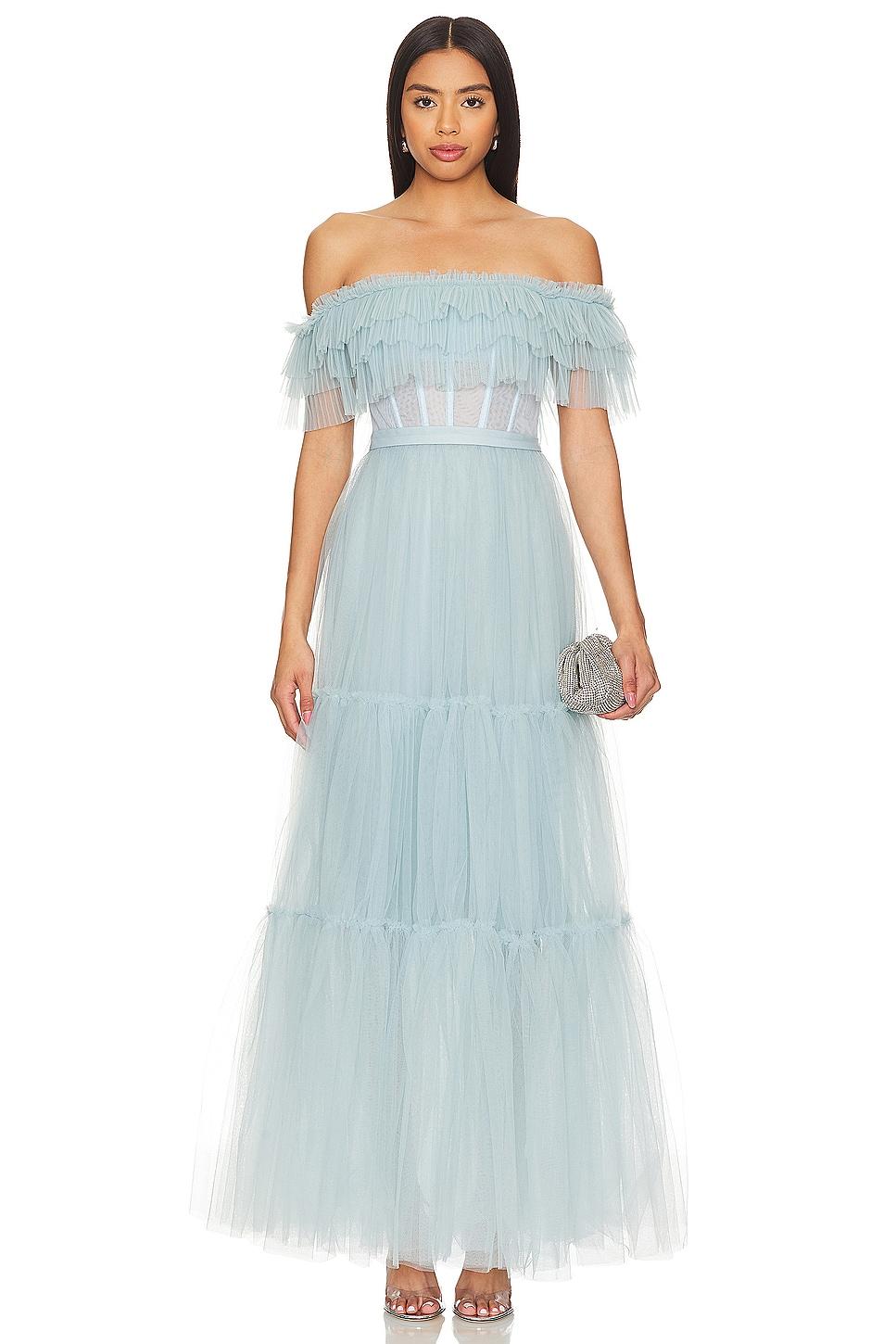 off shoulder tiered gown