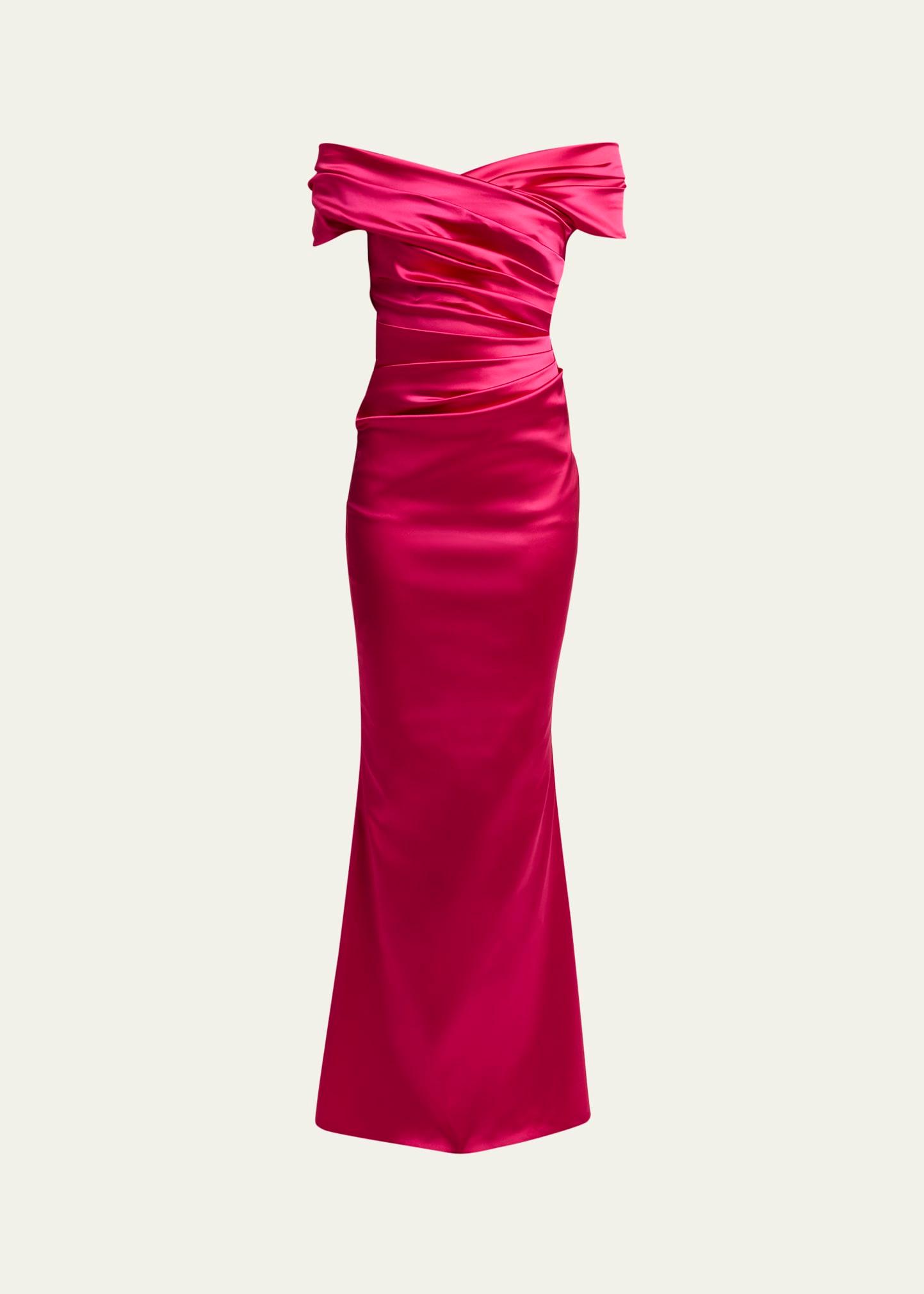 off-shoulder trumpet stretch satin gown