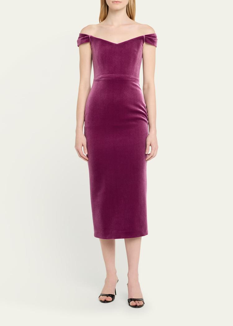 off shoulder velvet corset midi dress
