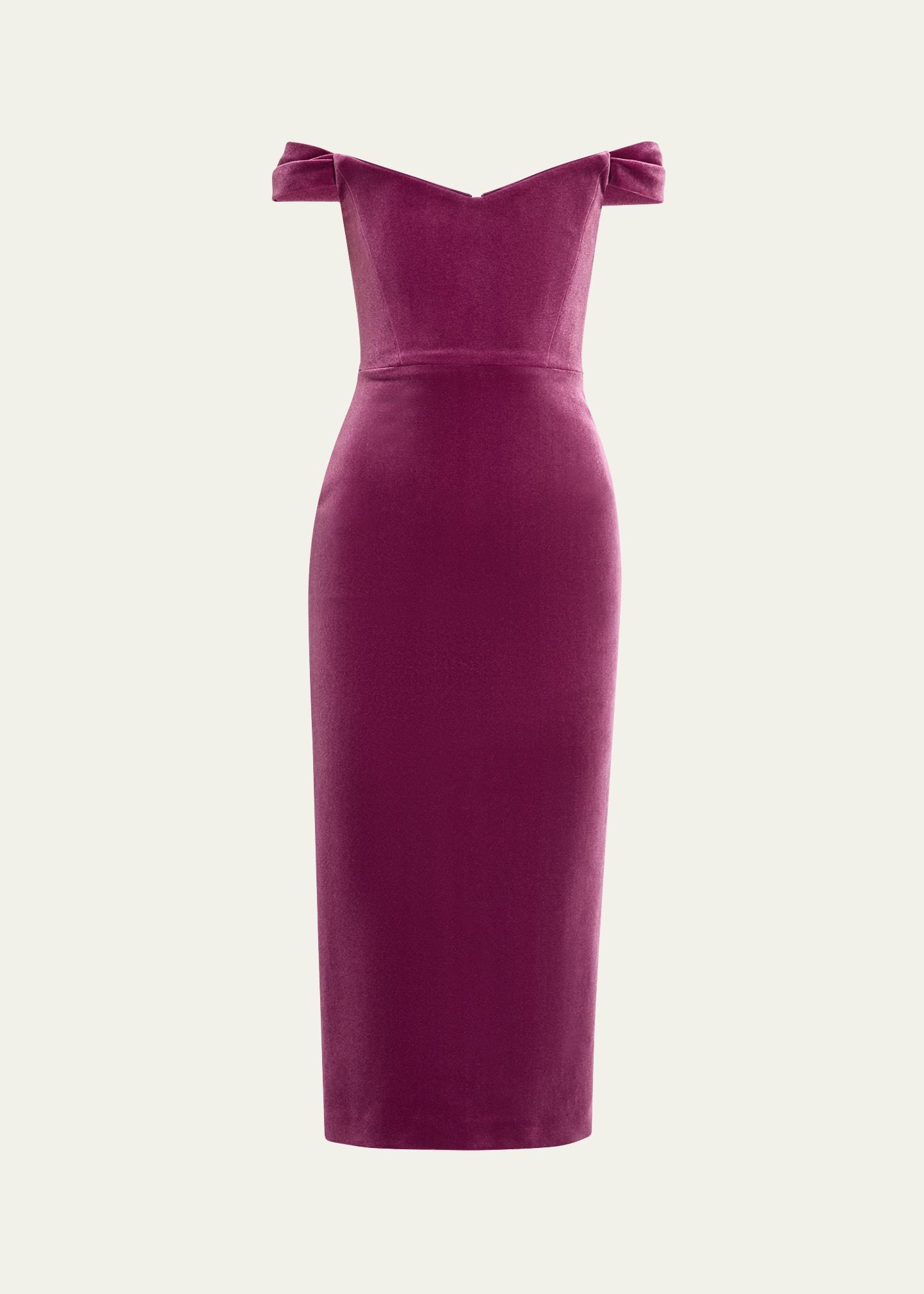 off shoulder velvet corset midi dress