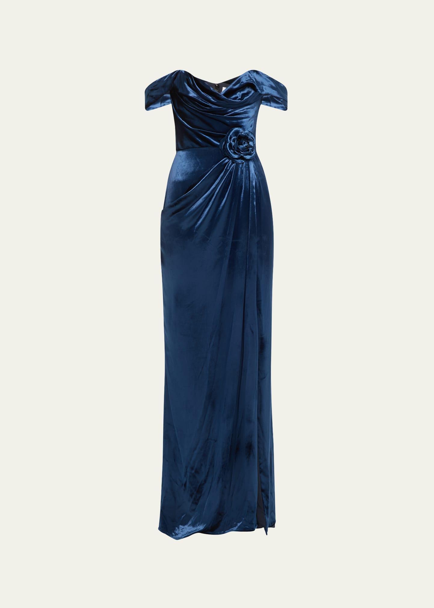 off-shoulder velvet liquid gown with train