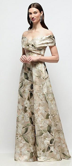 off-shoulder wrap floral metallic organza jacquard maxi dress with full skirt