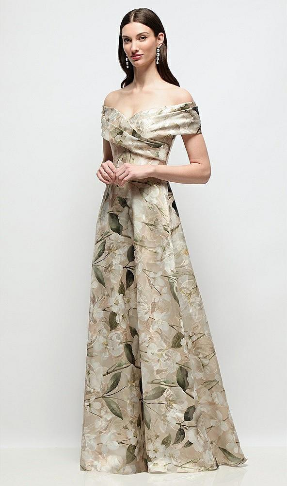 off-shoulder wrap floral metallic organza jacquard maxi dress with full skirt