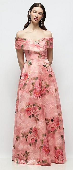 off-shoulder wrap organza jacquard floral maxi dress with full skirt