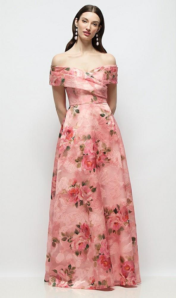 off-shoulder wrap organza jacquard floral maxi dress with full skirt