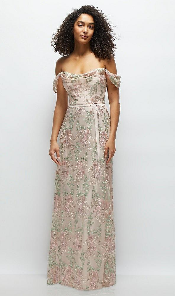 off-the-shoulder a-line floral embroidered dress with skinny tie sash