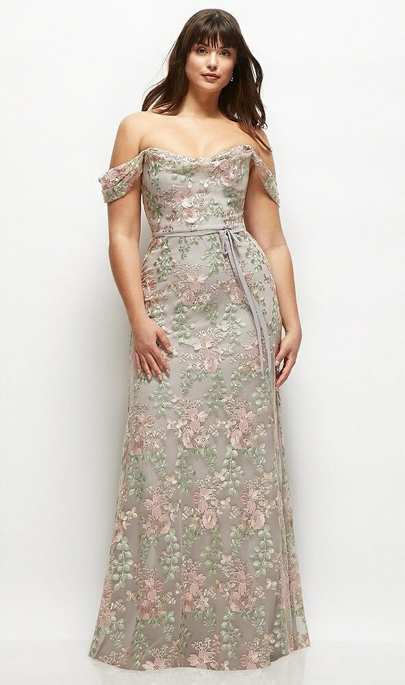 off-the-shoulder a-line floral embroidered dress with skinny tie sash