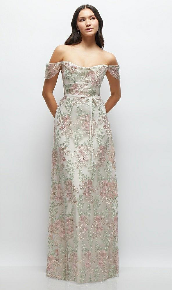 off-the-shoulder a-line floral embroidered dress with skinny tie sash
