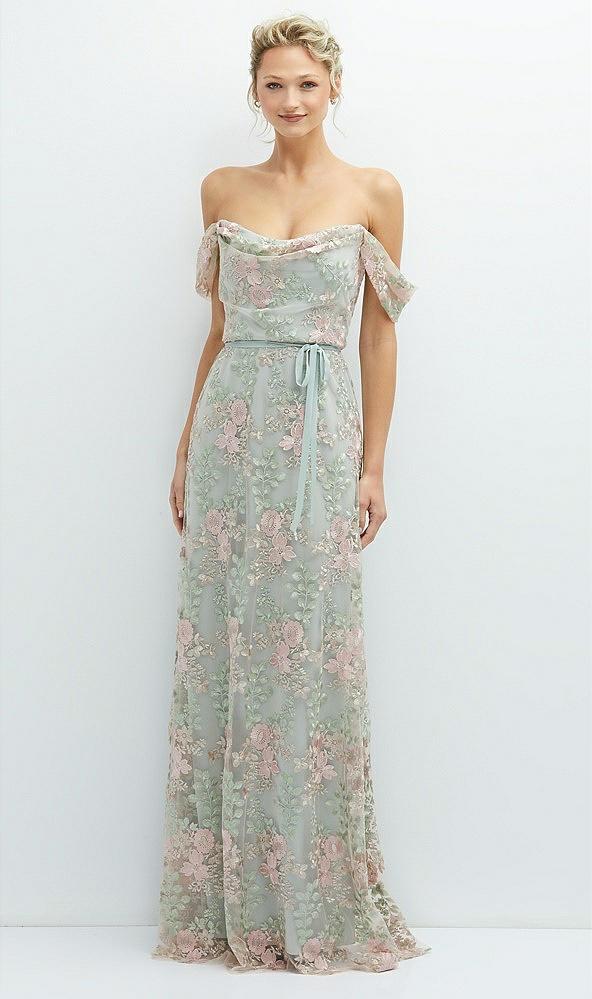 off-the-shoulder a-line floral embroidered dress with skinny tie sash