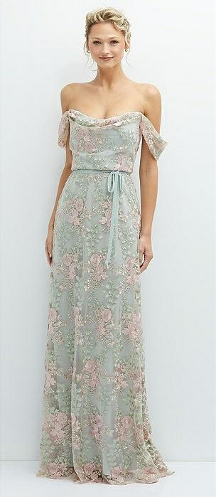 off-the-shoulder a-line floral embroidered dress with skinny tie sash