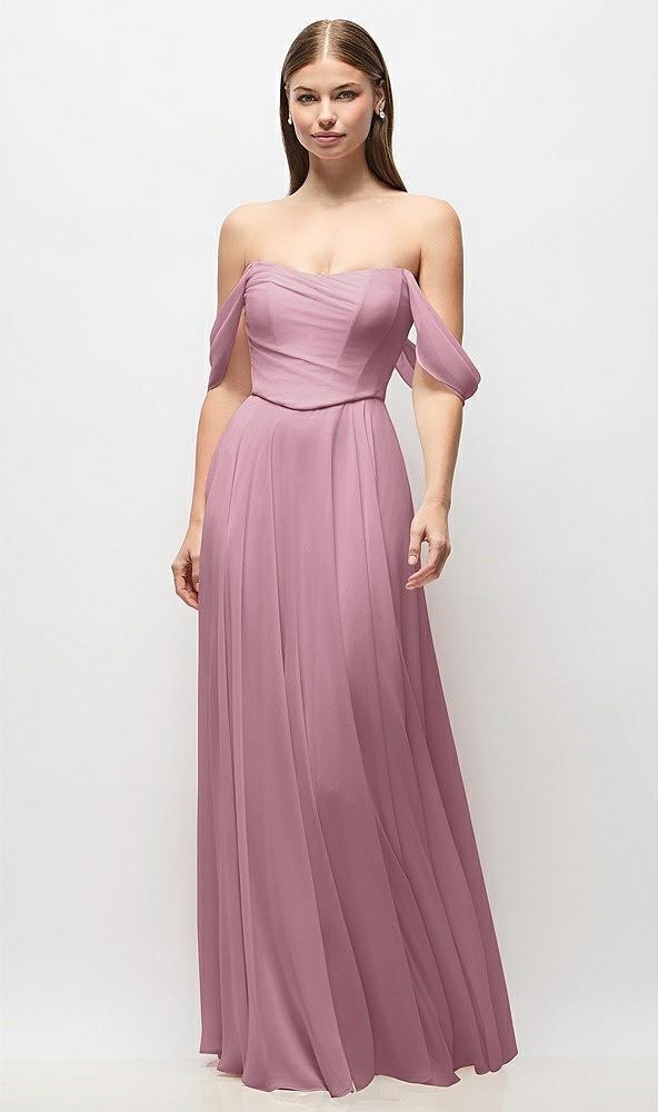 off-the-shoulder basque corset chiffon maxi dress