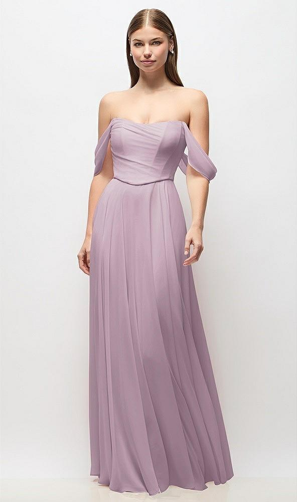 off-the-shoulder basque corset chiffon maxi dress