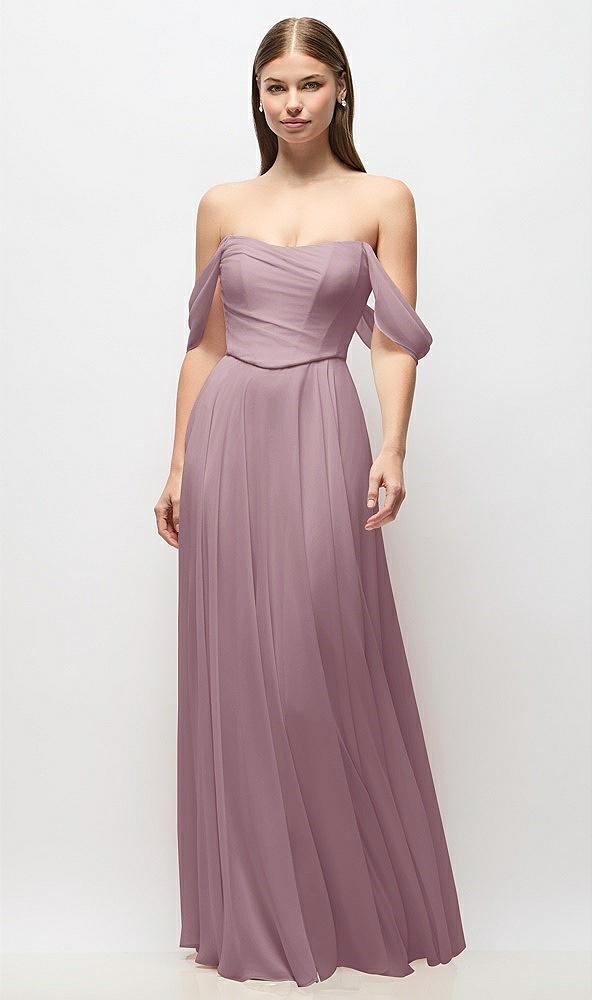 off-the-shoulder basque corset chiffon maxi dress