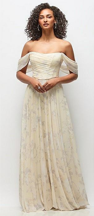 off-the-shoulder basque corset floral chiffon maxi dress