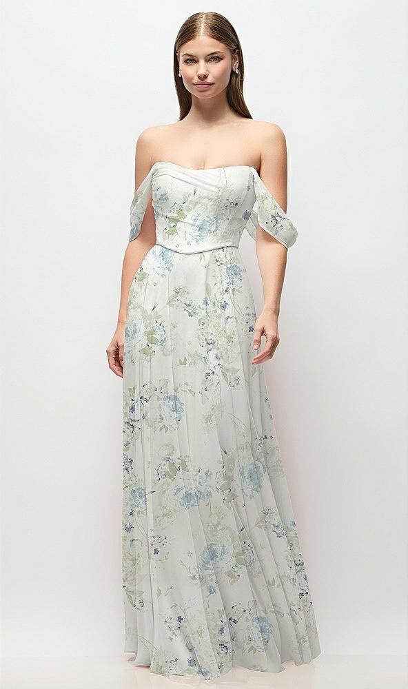 off-the-shoulder basque corset floral chiffon maxi dress