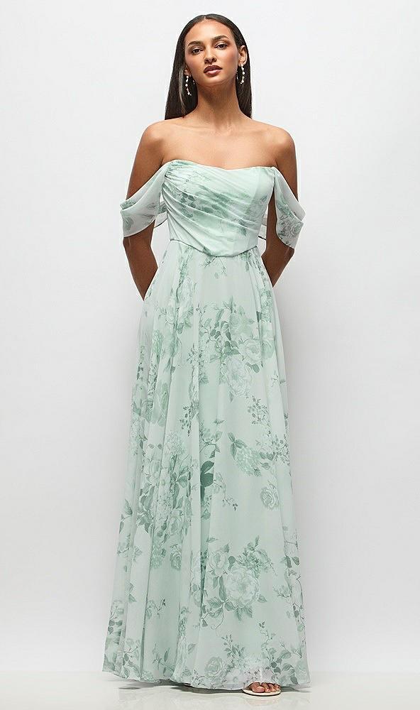off-the-shoulder basque corset floral chiffon maxi dress