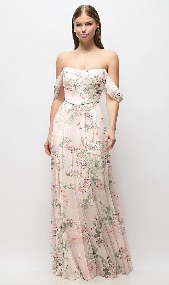 off-the-shoulder basque corset floral chiffon maxi dress