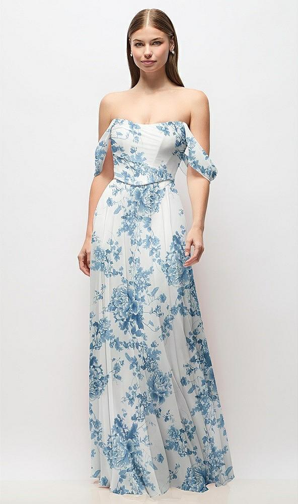 off-the-shoulder basque corset floral chiffon maxi dress