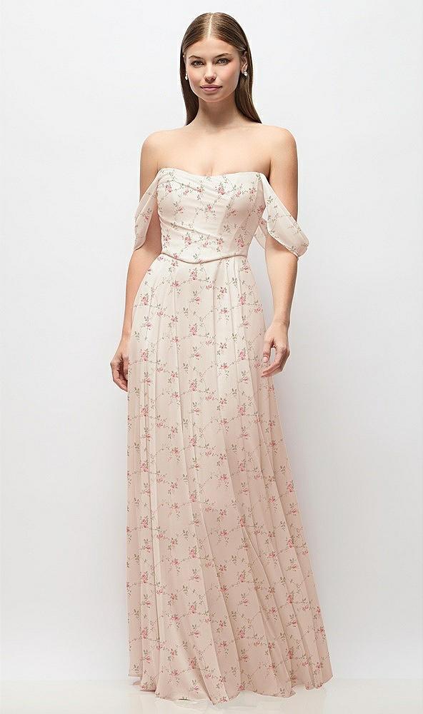 off-the-shoulder basque corset floral chiffon maxi dress