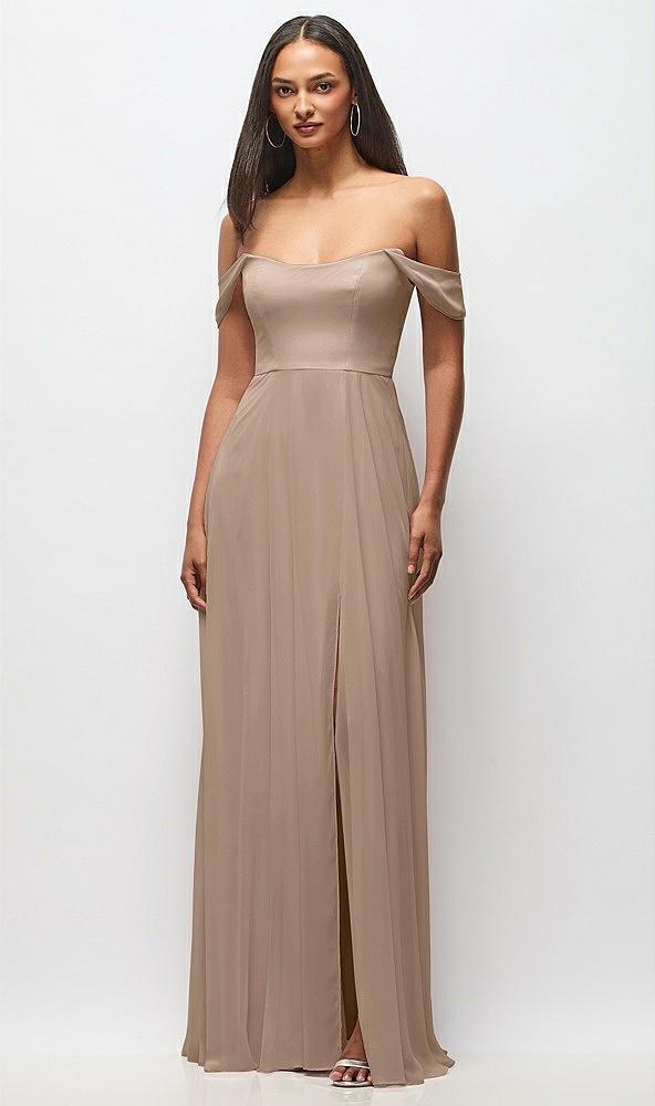 off-the-shoulder basque neck maxi dress with flounce sleeves