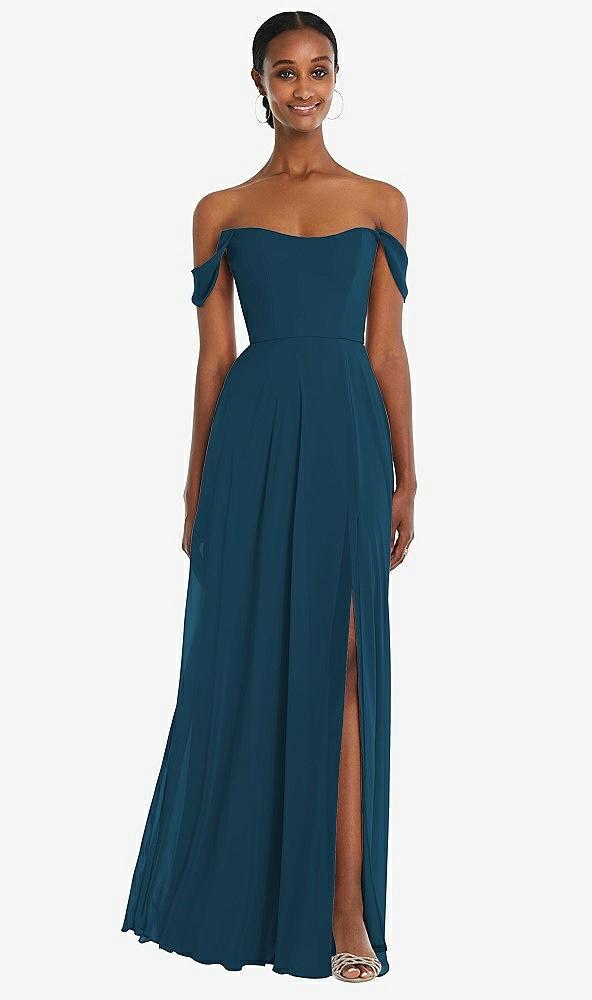 off-the-shoulder basque neck maxi dress with flounce sleeves