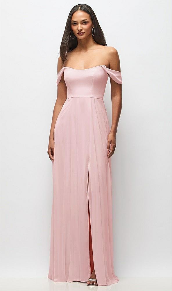 off-the-shoulder basque neck maxi dress with flounce sleeves
