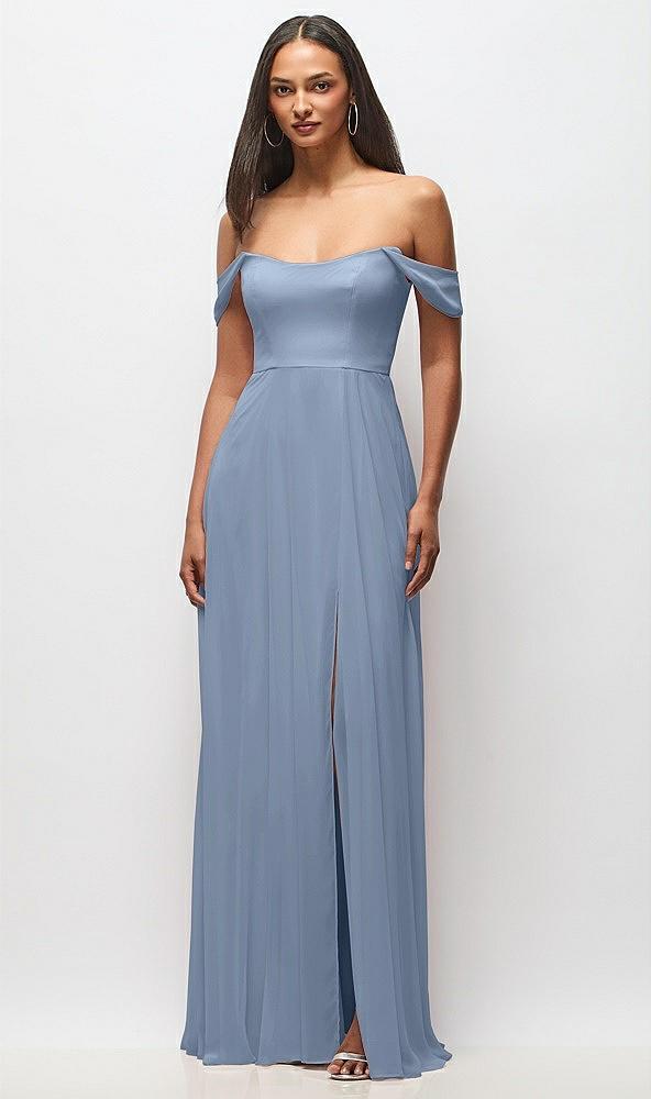 off-the-shoulder basque neck maxi dress with flounce sleeves