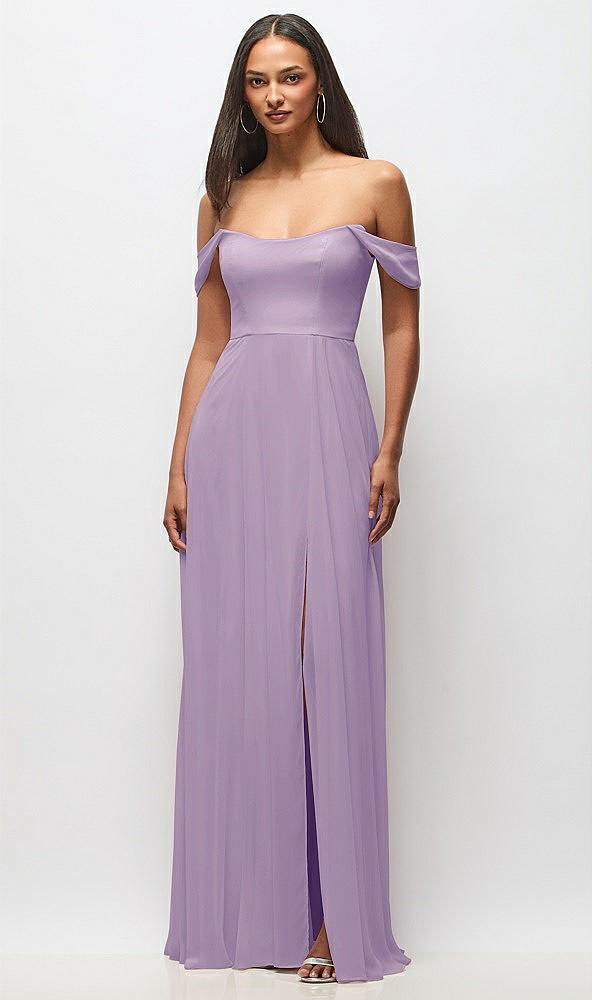 off-the-shoulder basque neck maxi dress with flounce sleeves