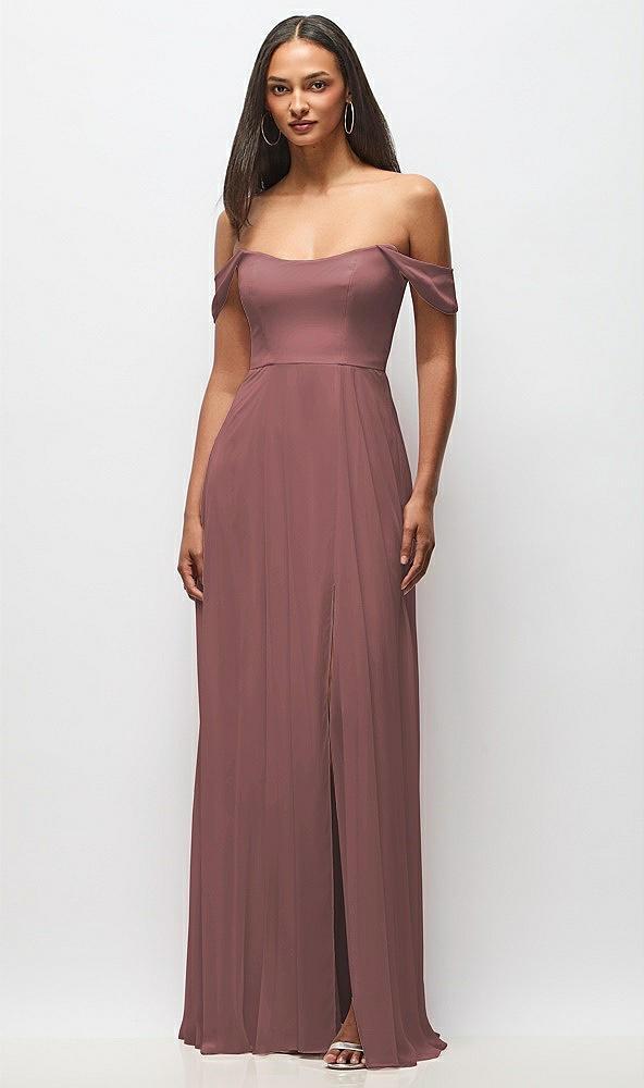 off-the-shoulder basque neck maxi dress with flounce sleeves