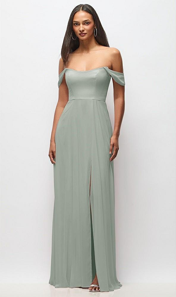 off-the-shoulder basque neck maxi dress with flounce sleeves