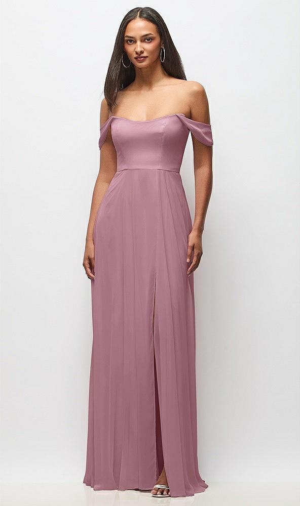 off-the-shoulder basque neck maxi dress with flounce sleeves