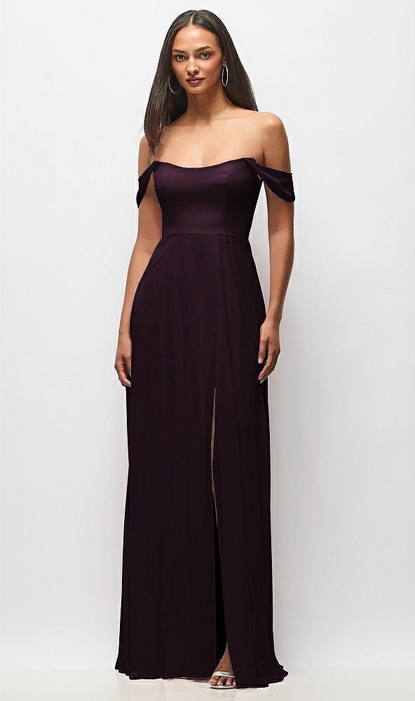 off-the-shoulder basque neck maxi dress with flounce sleeves